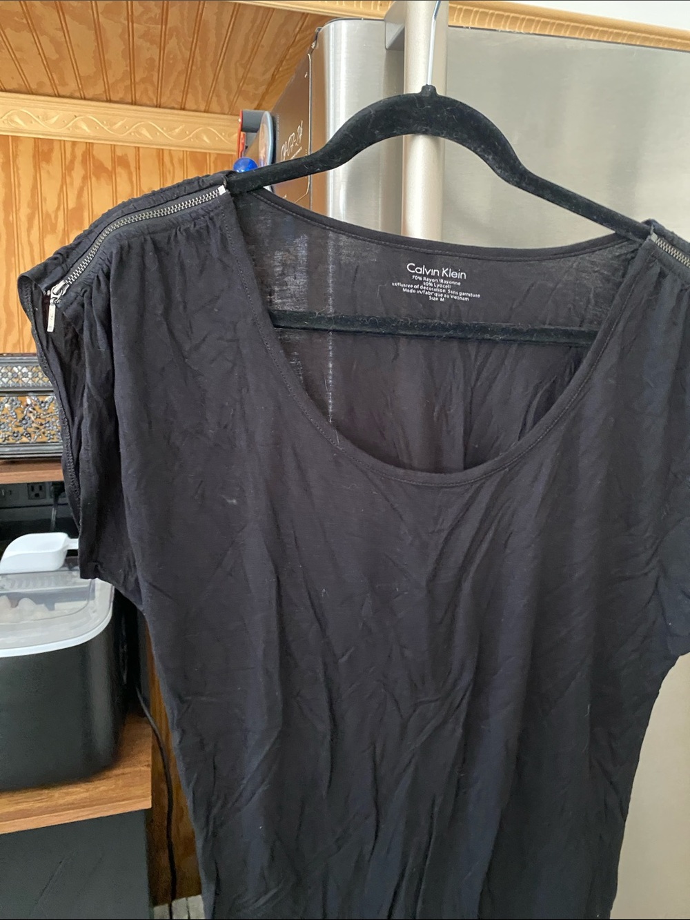 Calvin Klein Black Short-Sleeve Scoop Neck Top with Zip Shoulder